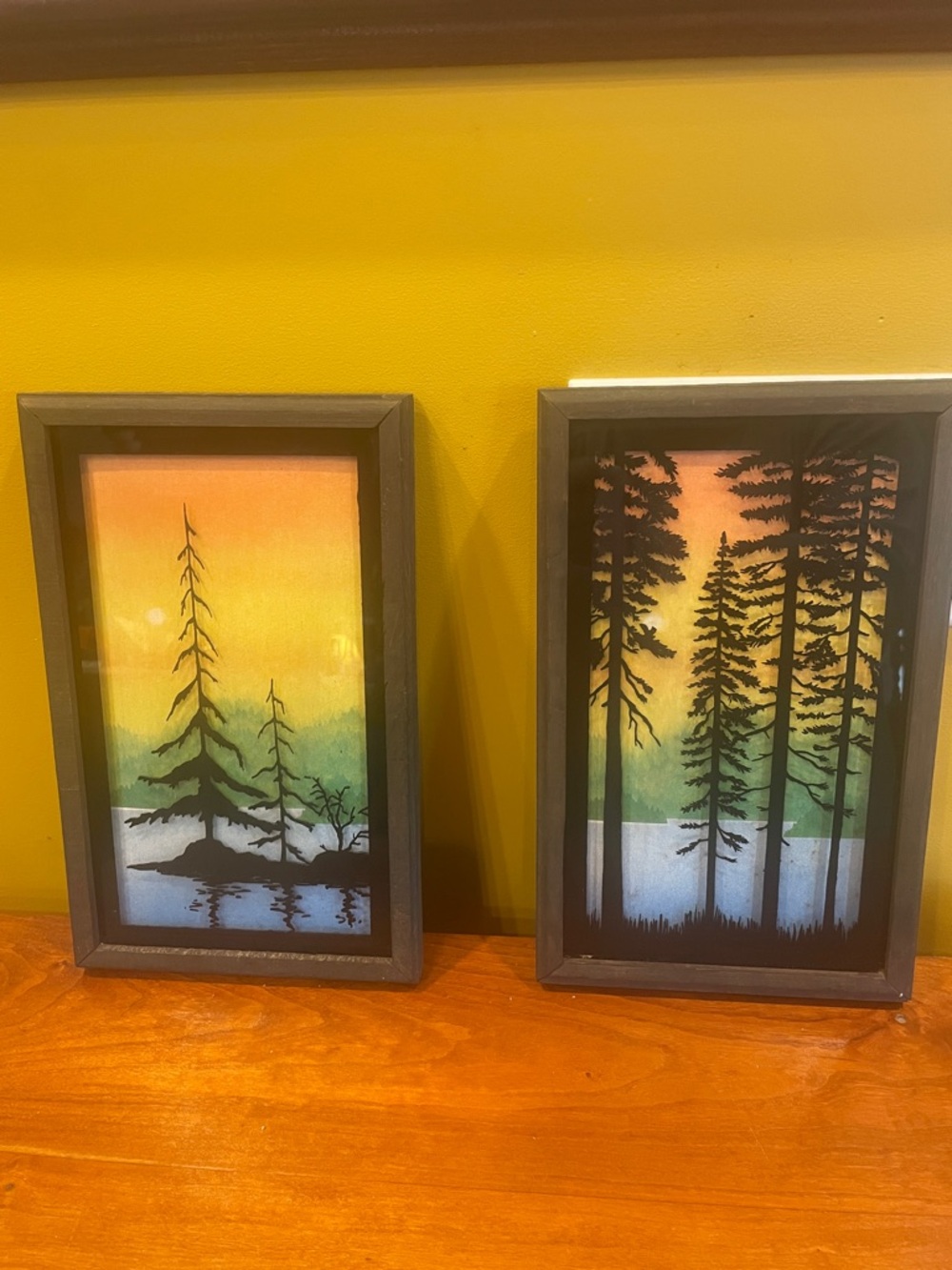 Vintage Reverse painted Sunset Gradient Pine Tree Framed Art Pair